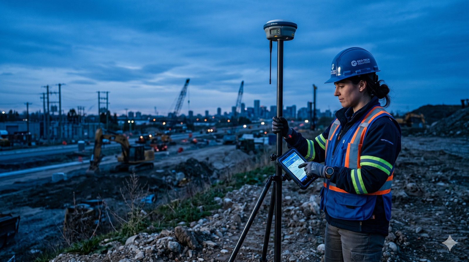 Ingeniera topógrafa con receptor GNSS RTK en obra nocturna