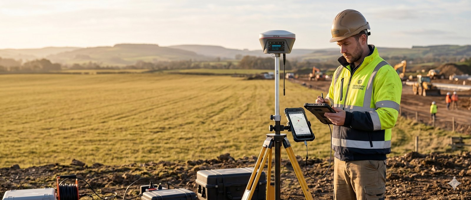 Receptor GNSS Oscar RTK en campo abierto al atardecer